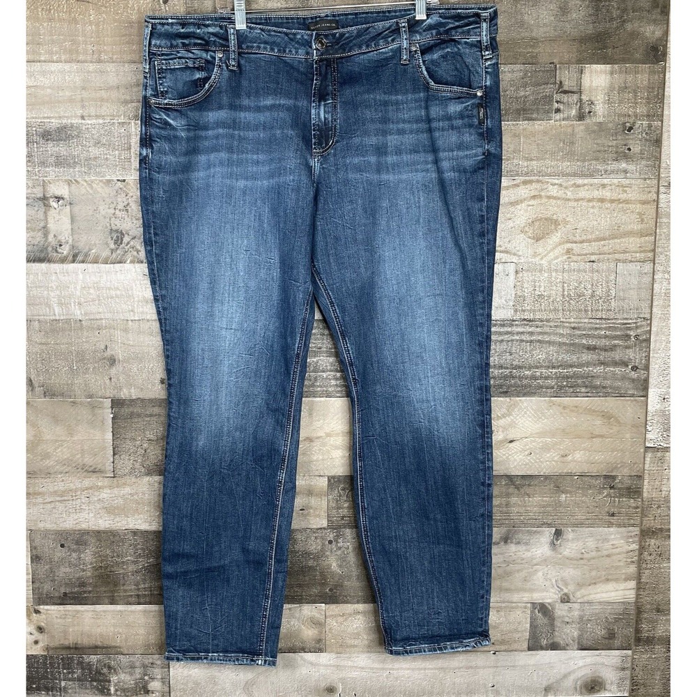 Silver Jeans Womens Plus Size 24‎ x 29 Boyfriend Blue Distressed Denim Stretch